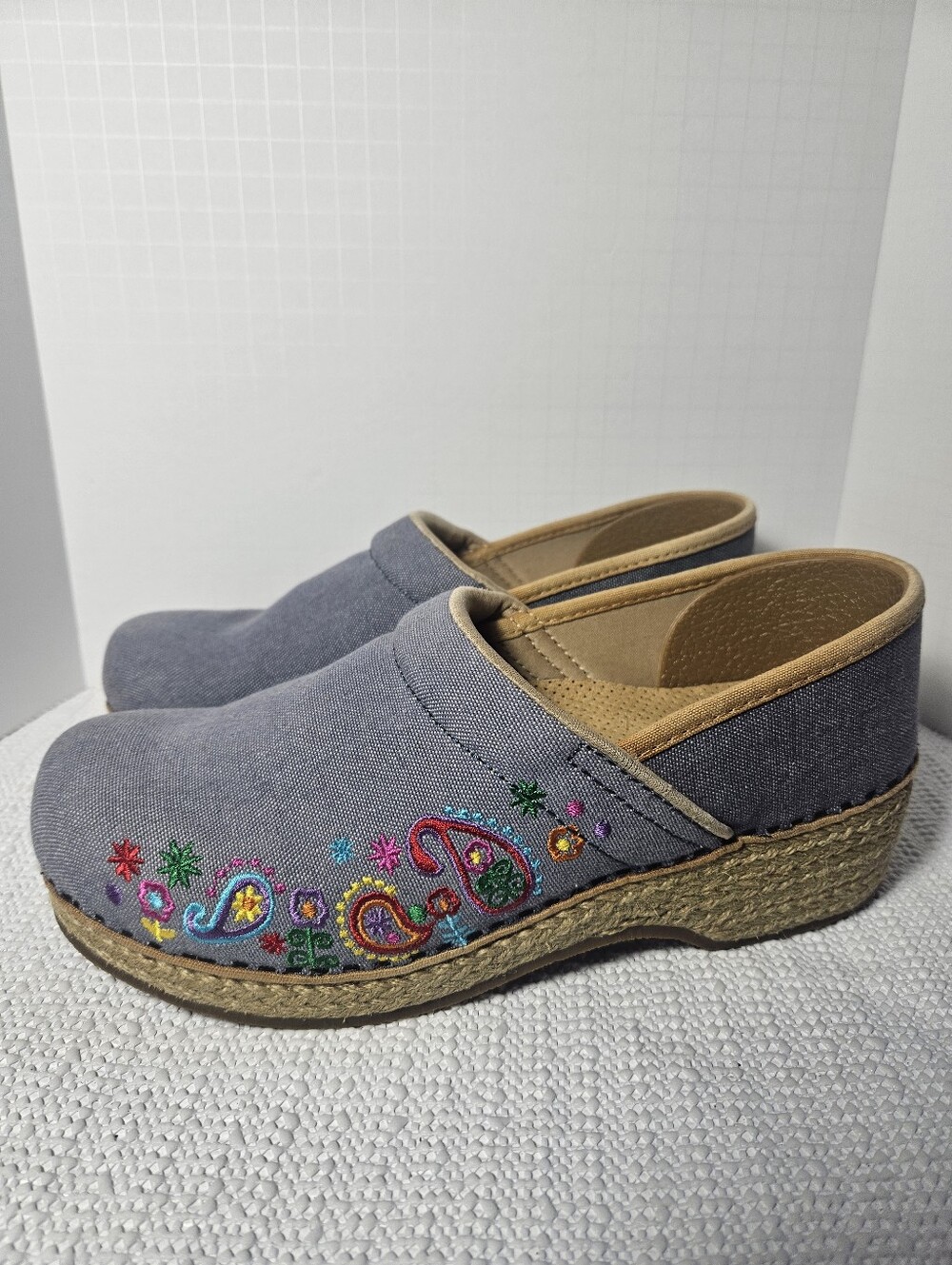 Dansko Blue Denim Canvas Jute Floral Embroidered Clogs Shoes